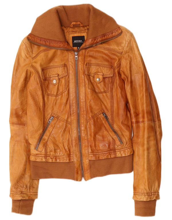 BERSHKA Womens Leather Jacket UK 12 Medium Brown Leather
