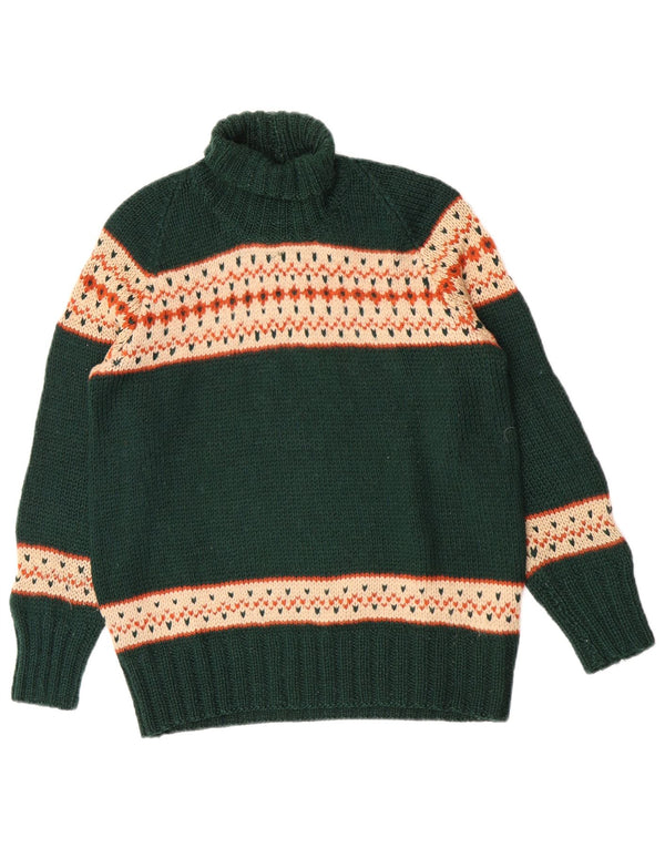 Vintage γυναικείο πουλόβερ με ρολό λαιμόκοψη UK 14 Medium Green Fair Isle