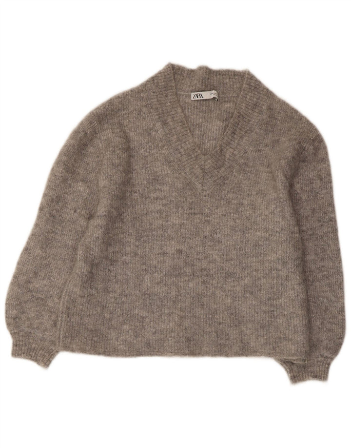Γυναικείο πουλόβερ ZARA Crop με V λαιμόκοψη UK 14 Medium Grey Flecked