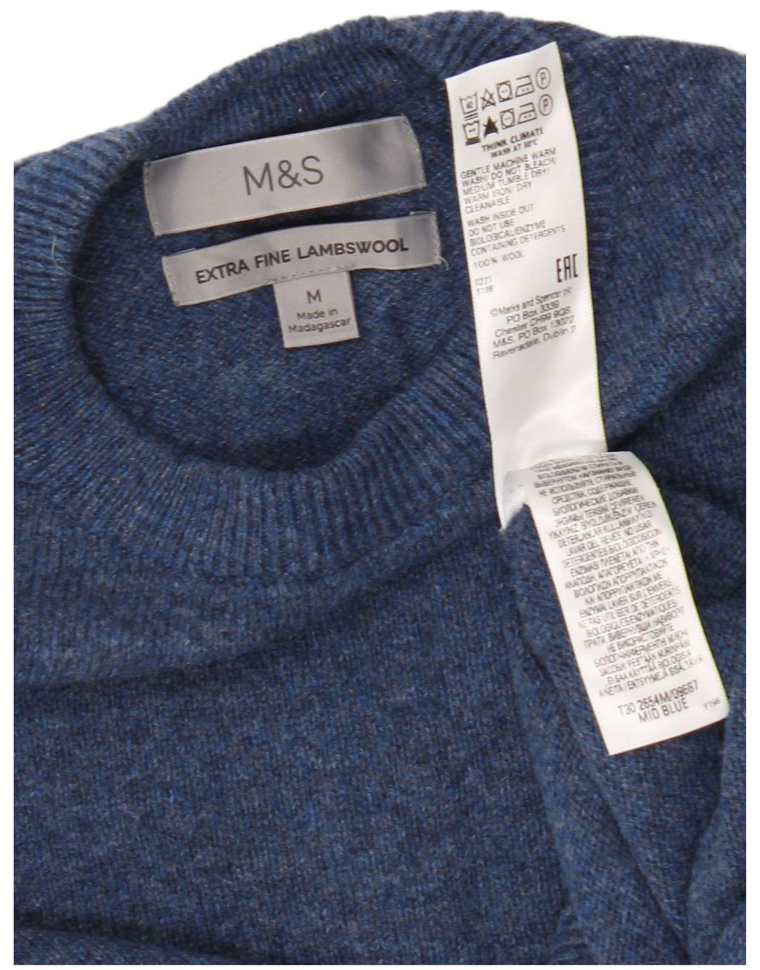 Marks & Spencer Ανδρικό πουλόβερ με λαιμόκοψη μεσαίου μπλε μαλλί