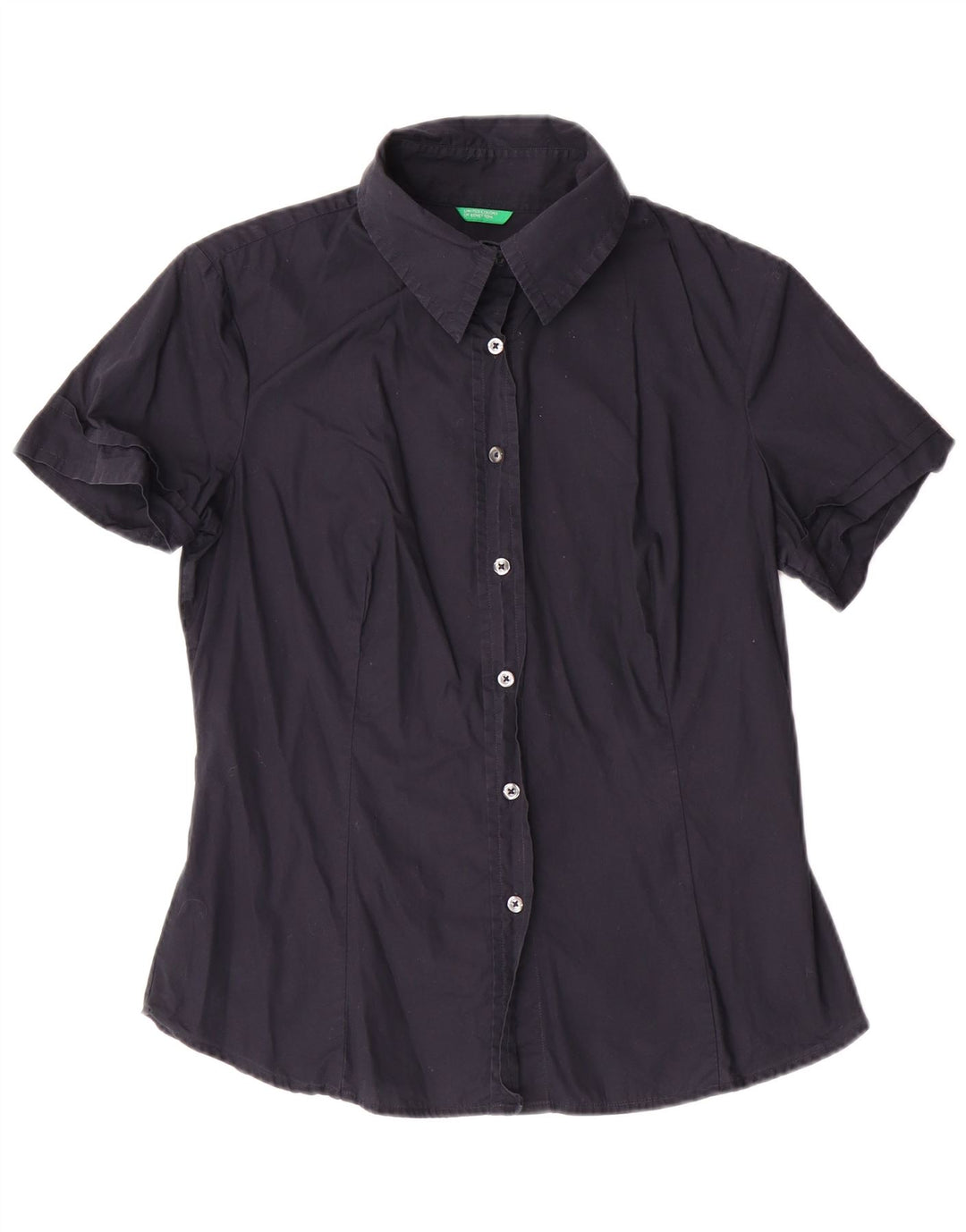 BENETTON Γυναικείο κοντομάνικο πουκάμισο UK 14 Large navy μπλε βαμβακερό