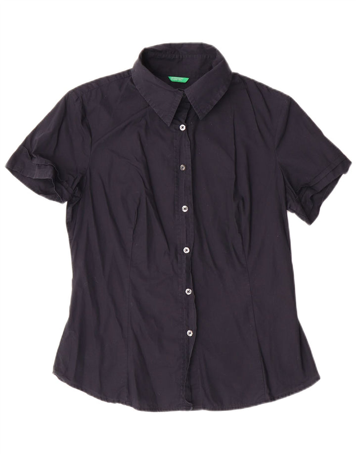 BENETTON Γυναικείο κοντομάνικο πουκάμισο UK 14 Large navy μπλε βαμβακερό