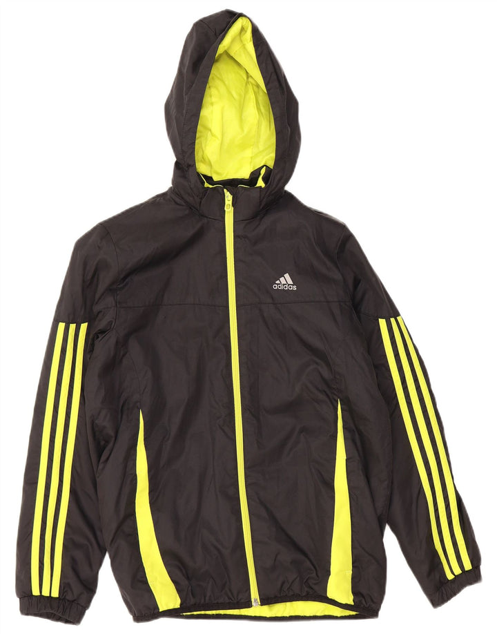 ADIDAS Boys Hooded Windbreaker Jacket 11-12 Years Black Colourblock