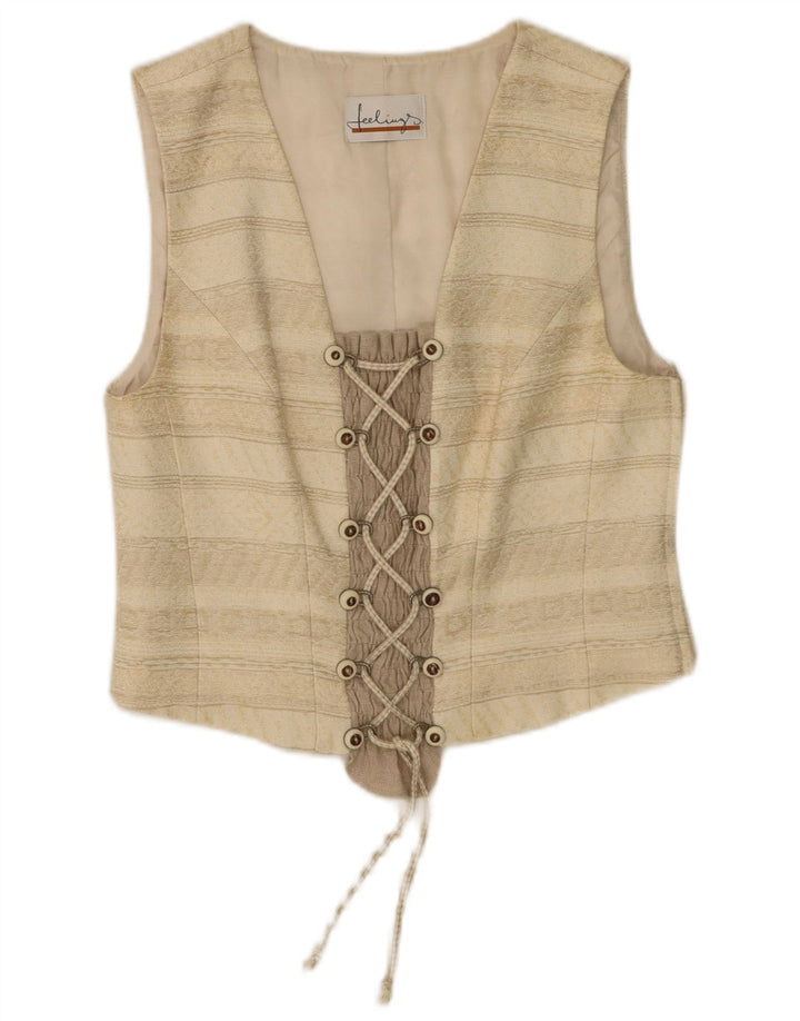Vintage γυναικείο Crop Top UK 12 Medium Beige ριγέ Acetate
