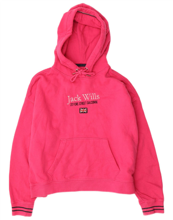 JACK WILLS Γυναικείο υπερμεγέθη Crop Graphic Hoodie Jumper UK 12 Medium Pink