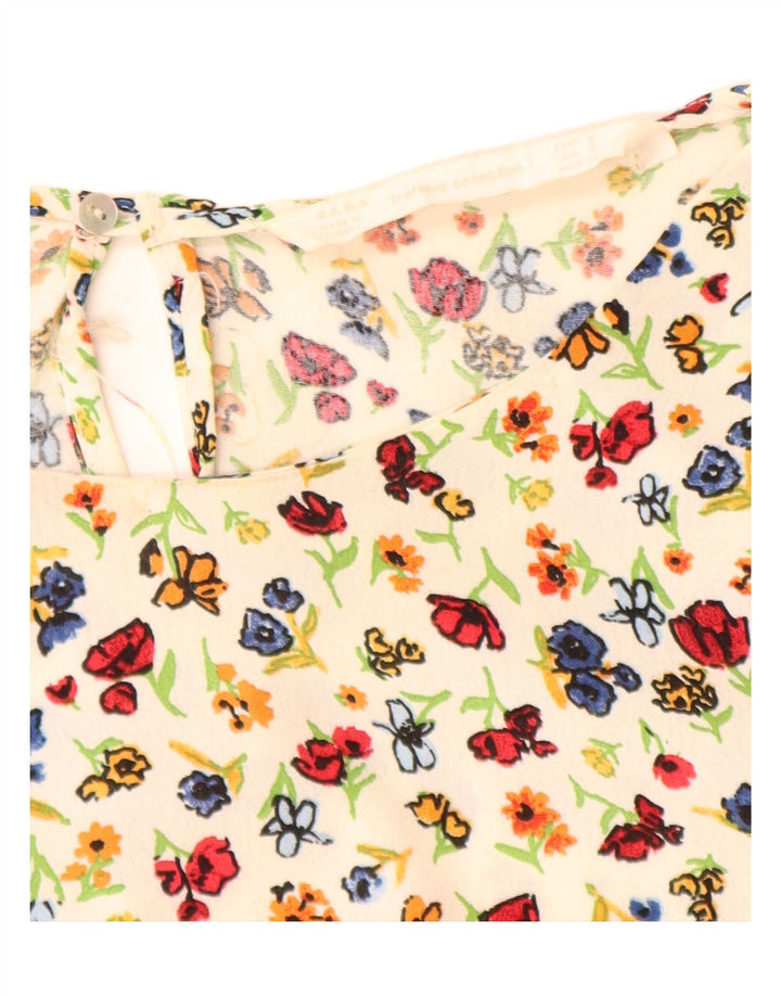 ZARA Γυναικεία μπλούζα 3/4 μανίκια τοπ UK 10 Small Off White Floral Viscose