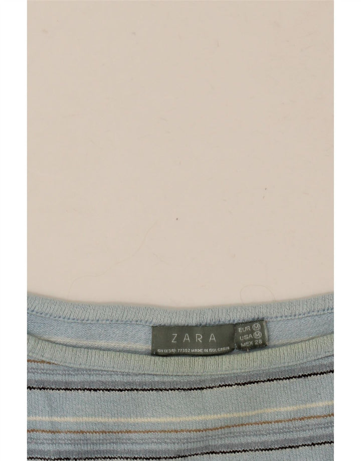 Zara Γυναικείο Crop Top 3/4 Sleeve UK 12 Medium Blue ριγέ