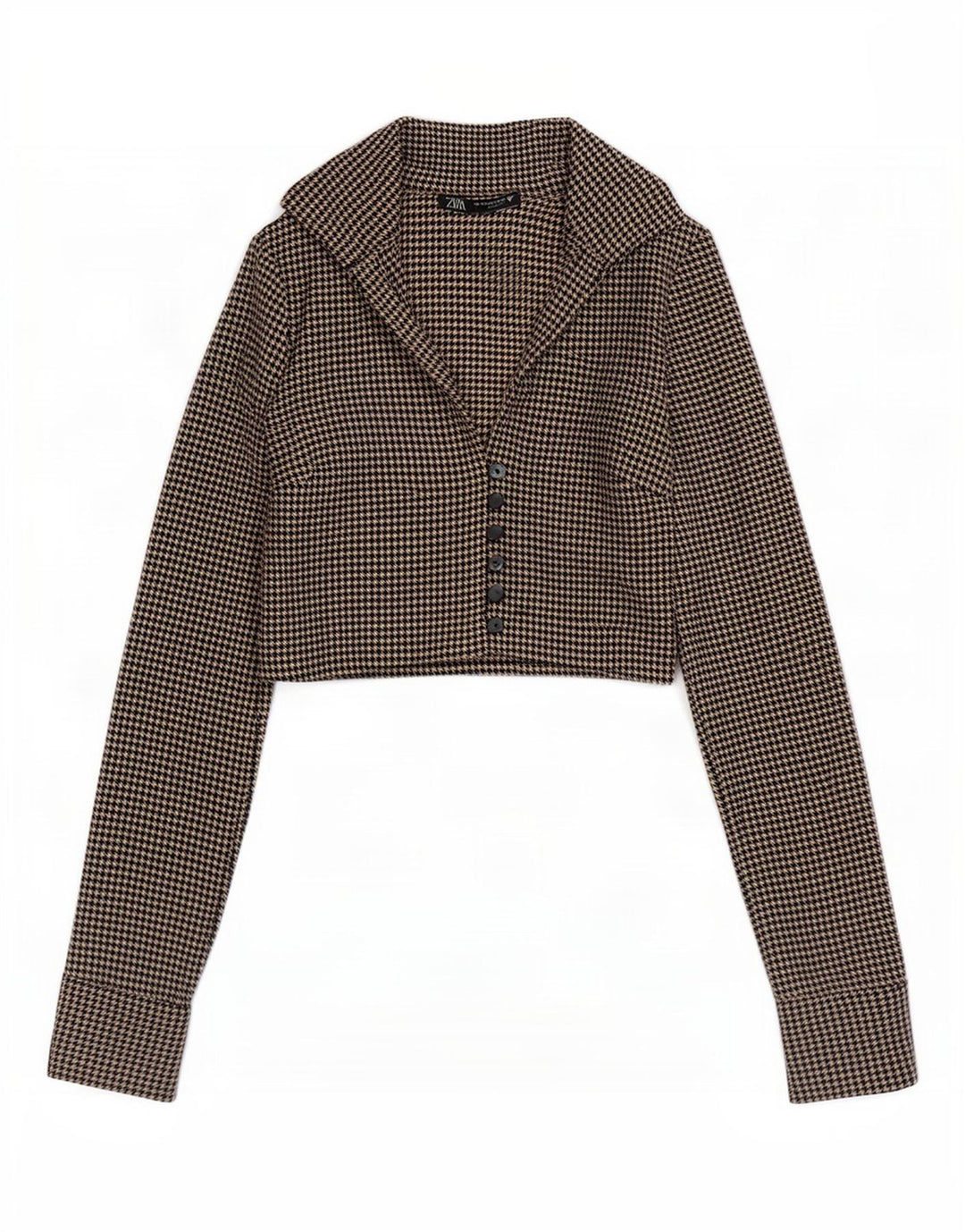 Zara Γυναικείο πουκάμισο Crop Μπλούζα UK 6 XS Καφέ Πολυεστέρας Houndstooth