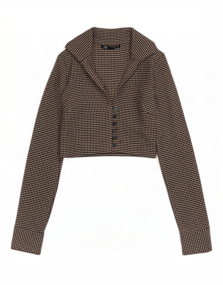 Zara Γυναικείο πουκάμισο Crop Μπλούζα UK 6 XS Καφέ Πολυεστέρας Houndstooth