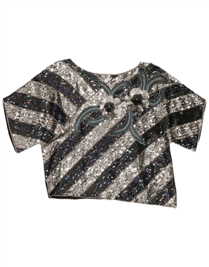 Vintage Γυναικεία Crop Graphic Μπλούζα Top EU 40 Medium Black ριγέ μετάξι