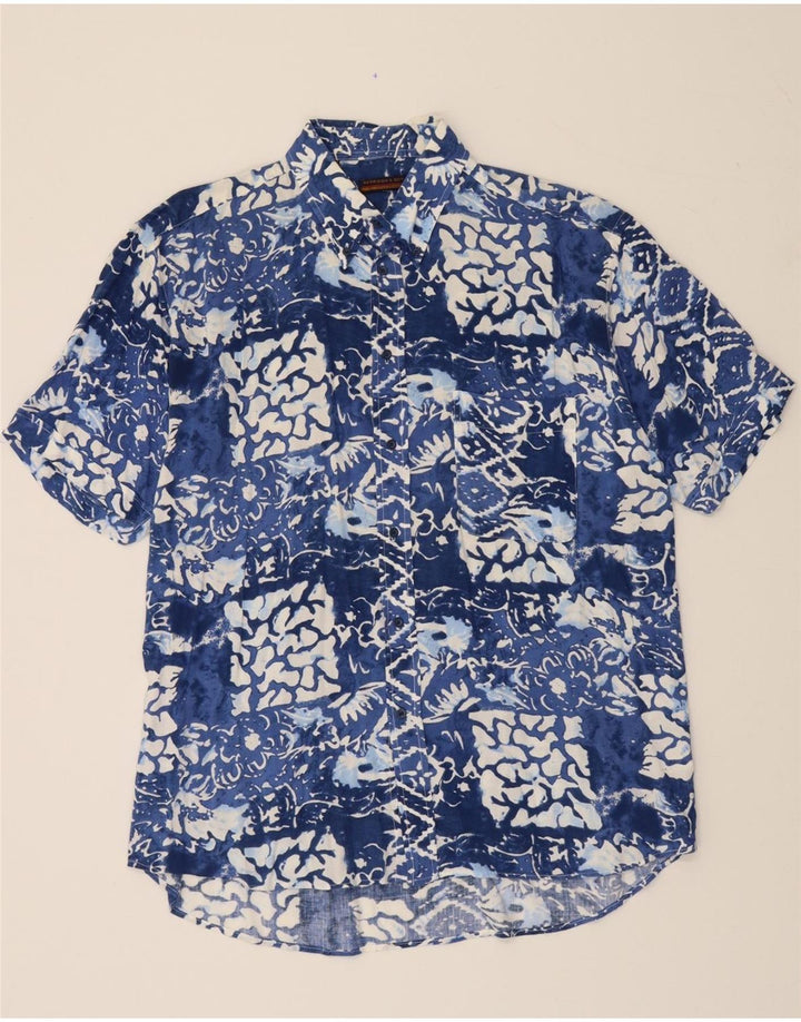 VINTAGE Mens Abstract Pattern Short Sleeve Shirt Large Blue Viscose Vintage Vintage and Second-Hand Vintage from Messina Hembry 