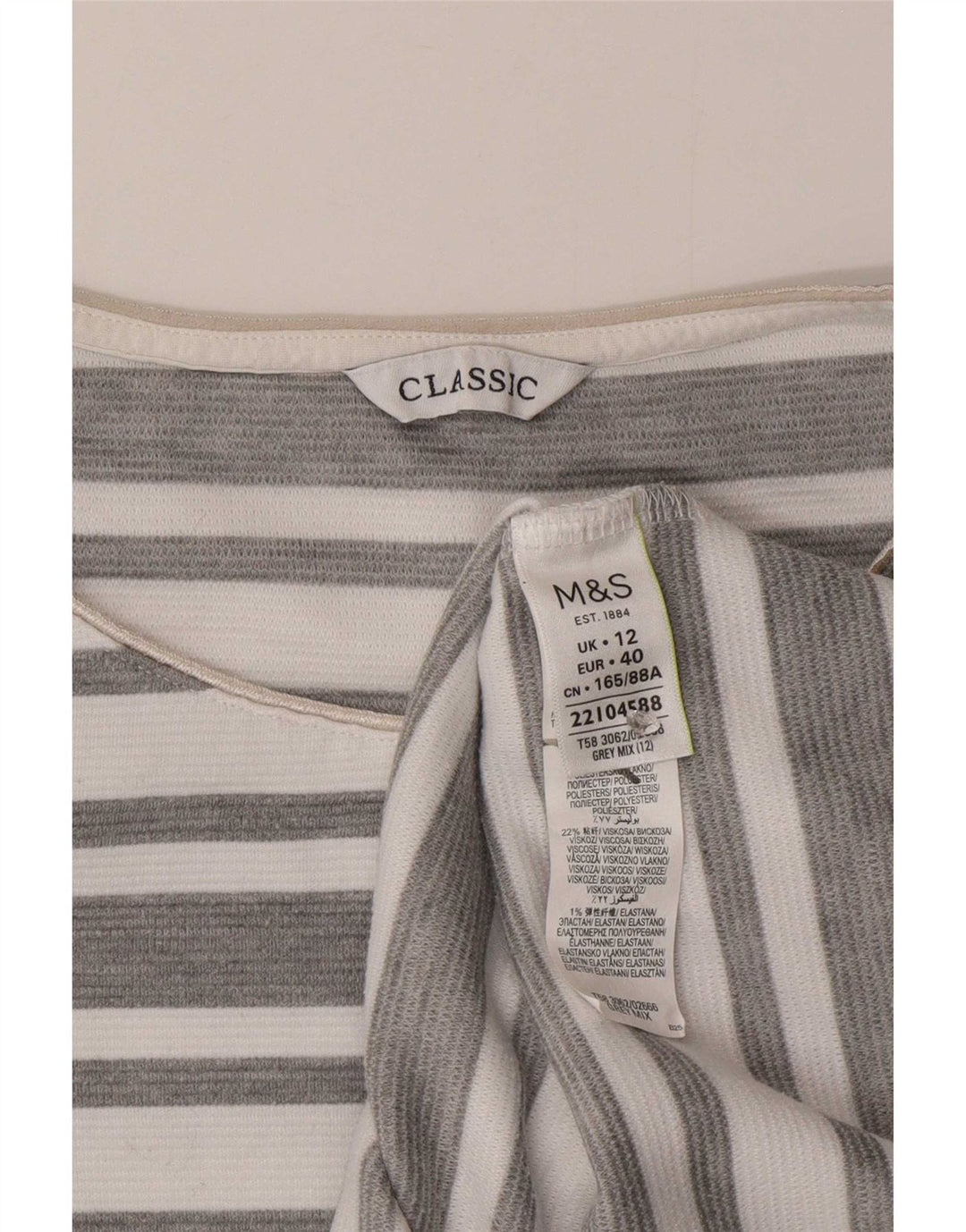 Marks & Spencer Γυναικείο τοπ 3/4 μανίκι UK 12 μεσαίο γκρι ριγέ πολυεστέρας