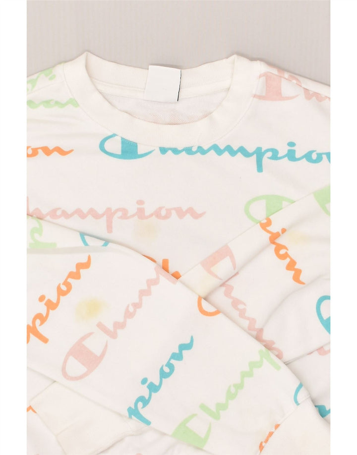 CHAMPION Womens Graphic Sweatshirt Jumper UK 14 Medium White Cotton | Vintage Champion | Thrift | Second-Hand Champion | Used Clothing | Messina Hembry 