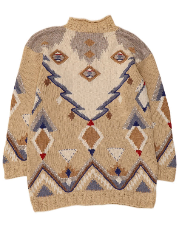 Vintage γυναικείο πουλόβερ με λαιμό χελώνα UK 10/12 Small Beige Geometric