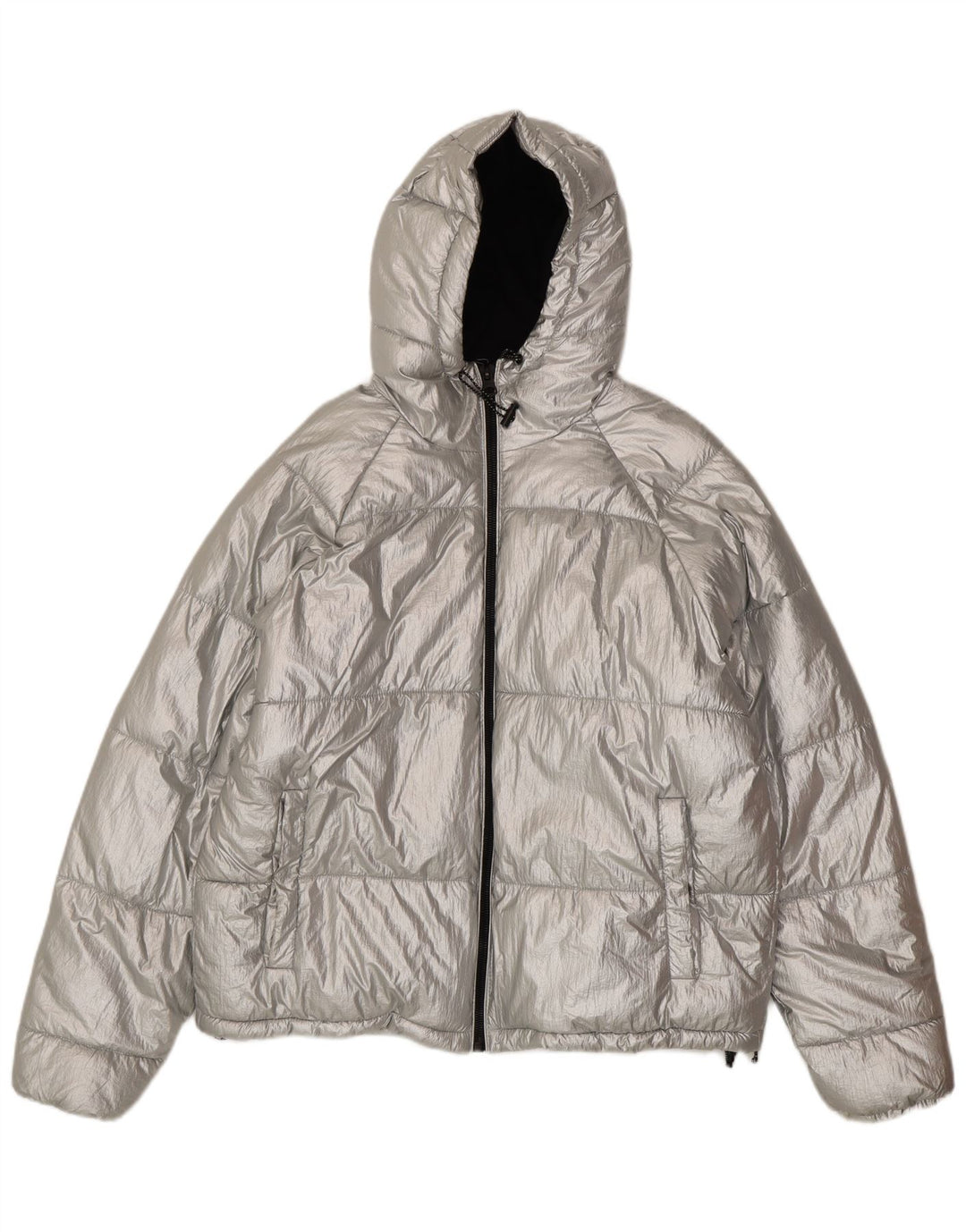 Zara Γυναικείο τζάκετ με κουκούλα με κουκούλα και γραφικό μεγάλο ασημί νάιλον EU 38