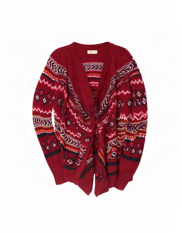 Hollister Γυναικείο ανοιχτό πουλόβερ ζακέτα UK 10 Μικρό κόκκινο γεωμετρικό βαμβάκι