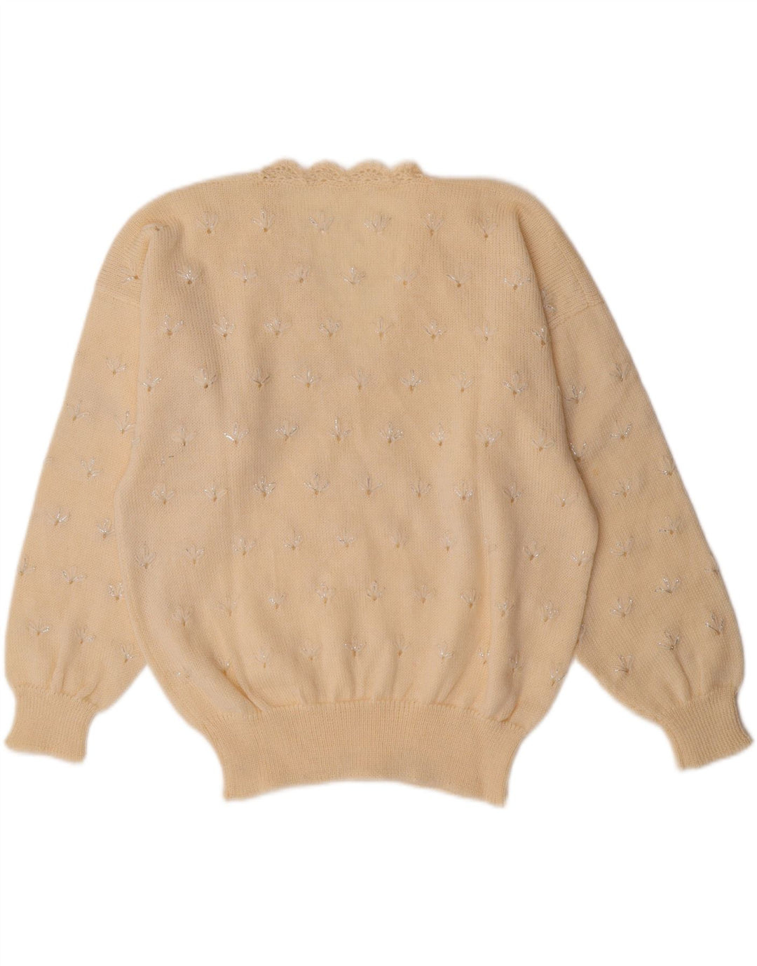 VINTAGE Γυναικείο πουλόβερ με V λαιμόκοψη UK 14 Medium Off White Floral