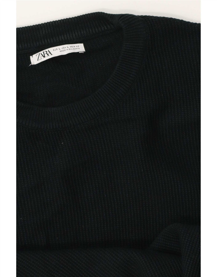 Ανδρικό πουλόβερ Zara Crew Neck Jumper Μεγάλο μαύρο βαμβακερό