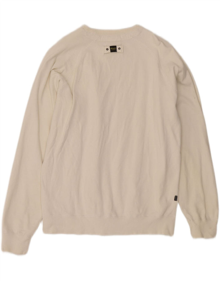 BLAUER Mens Graphic Sweatshirt Jumper Medium White Cotton Vintage Blauer and Second-Hand Blauer from Messina Hembry 