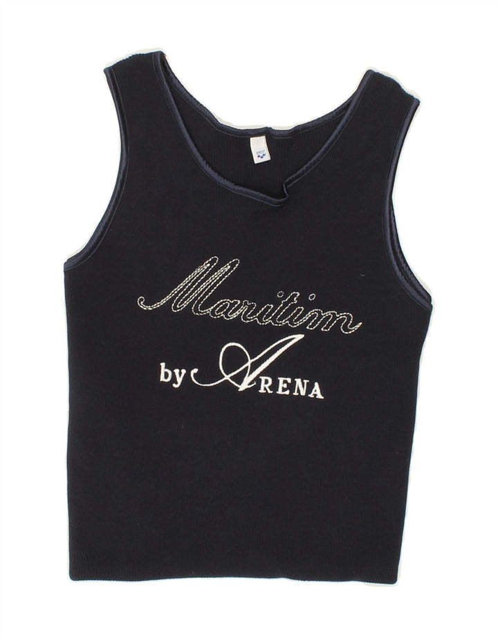 ARENA Womens Graphic Vest Top UK 12 Medium Navy Blue Cotton Vintage Arena and Second-Hand Arena from Messina Hembry 