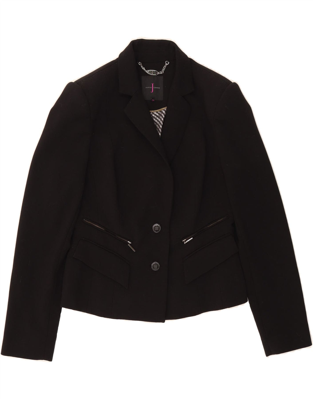 JASPER CONRAN Womens 2 Button Blazer Jacket UK 12 Medium Black Polyester Vintage Jasper Conran and Second-Hand Jasper Conran from Messina Hembry 