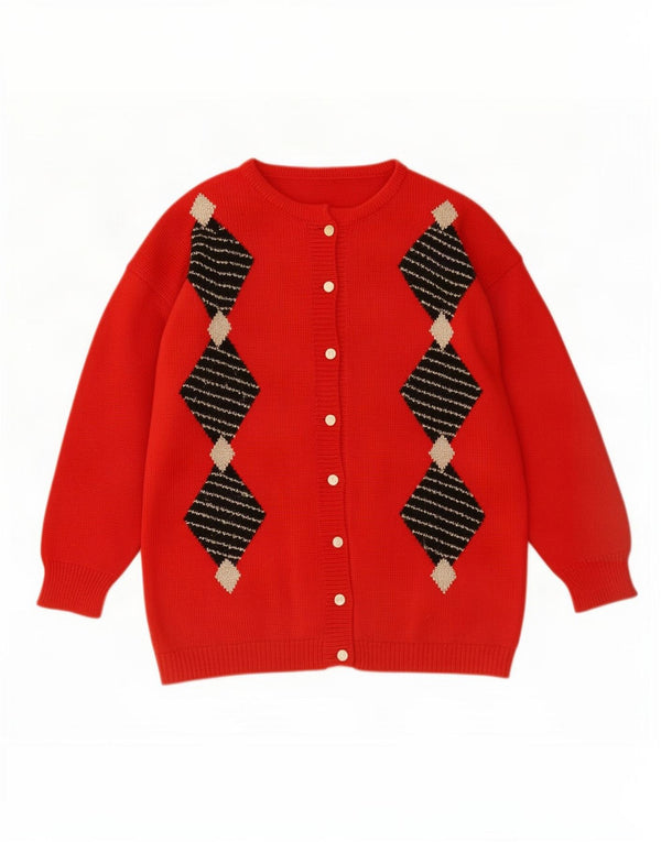 Vintage Womens Cardigan Sweater UK 16 Large Red Argyle/Diamond