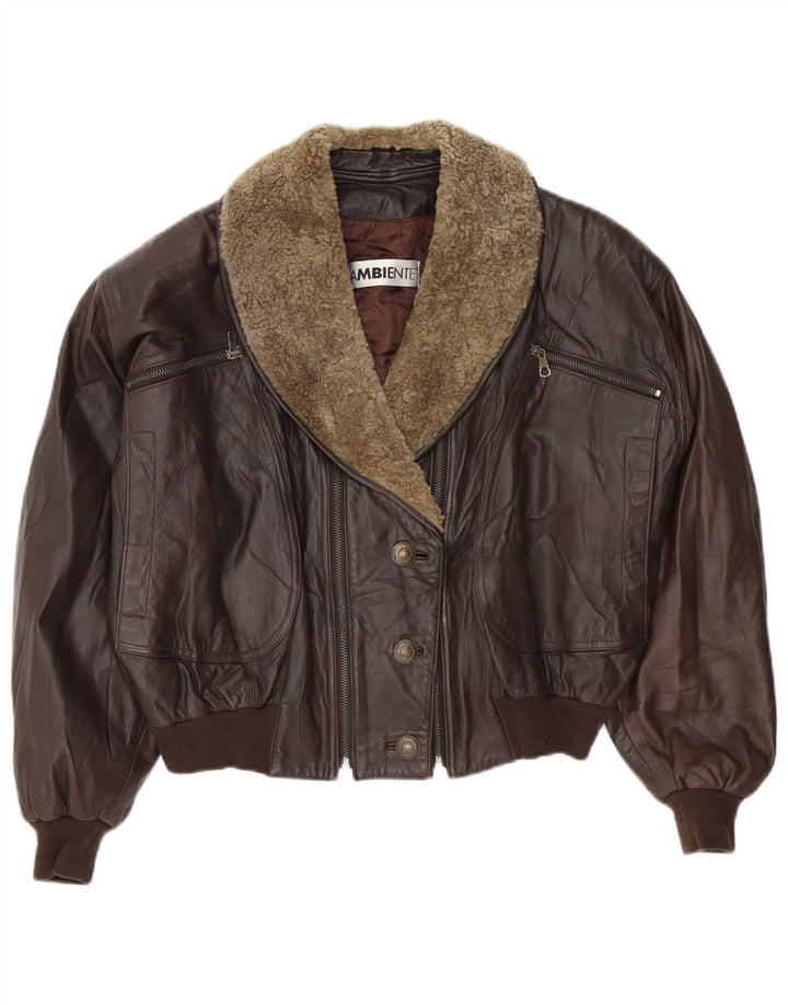 Ambiente Γυναικείο Crop Oversized Δερμάτινο Μπουφάν UK 12 Medium Brown Δερμάτινο