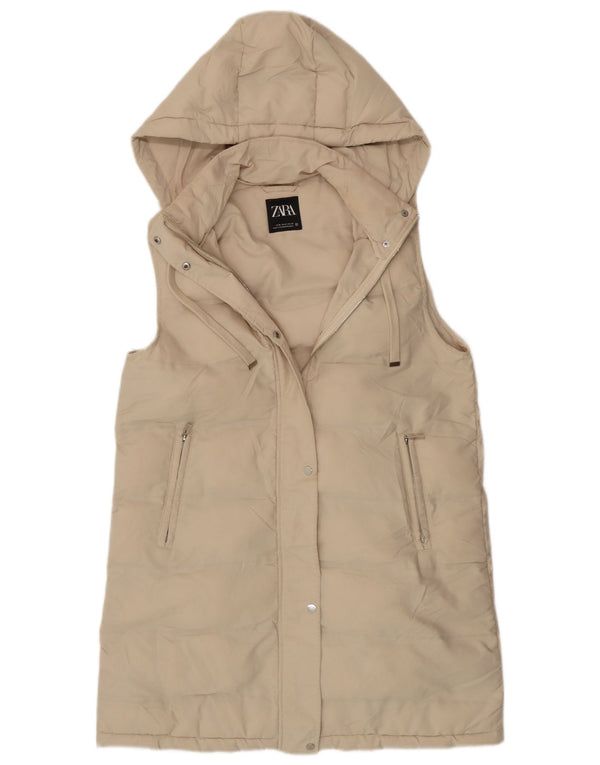 Zara Γυναικεία Longline Hooded Gilet UK 14 Medium Beige Polyester