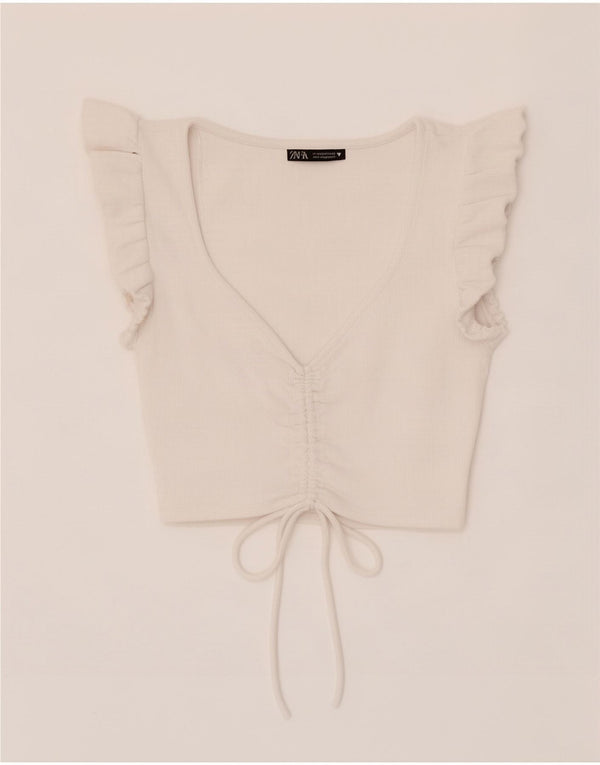 Zara Γυναικείο Crop Top UK 12 μεσαίο λευκό βαμβακερό