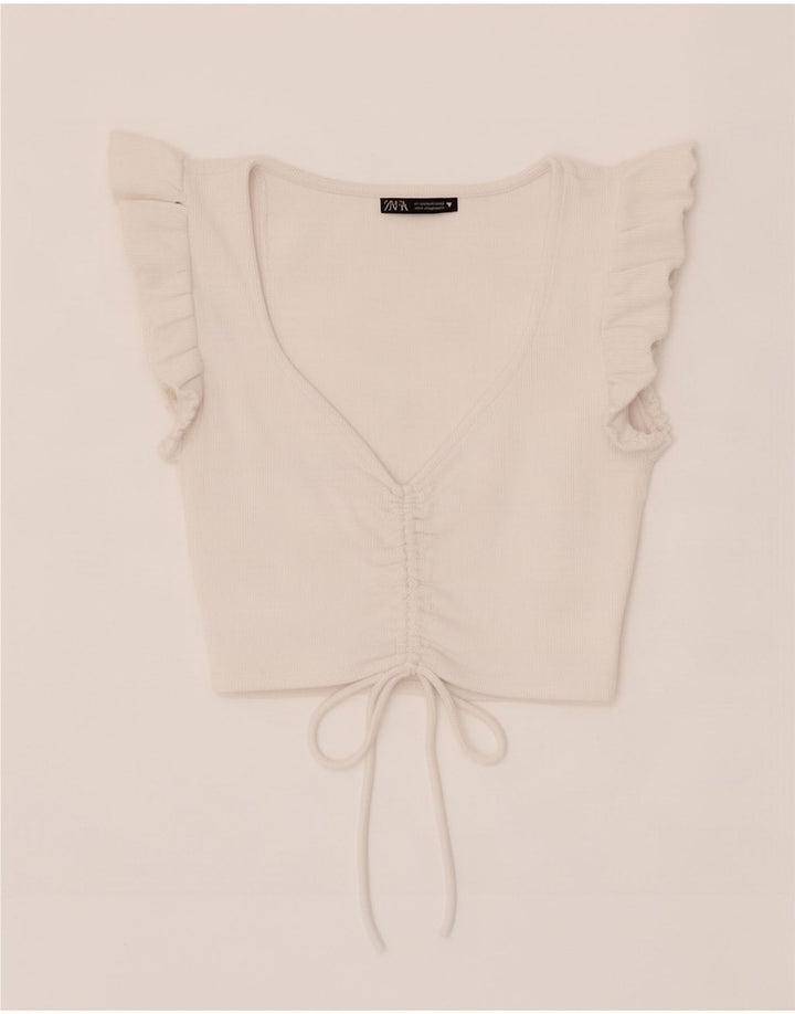 Zara Γυναικείο Crop Top UK 12 μεσαίο λευκό βαμβακερό