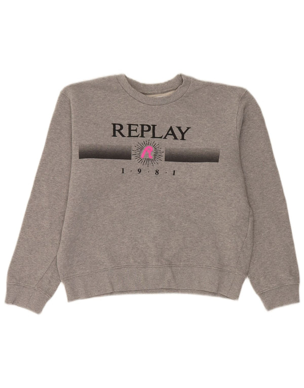 Replay Γυναικεία γραφικά υπερμεγέθη φούτερ Jumper UK 10 Small Grey Cotton