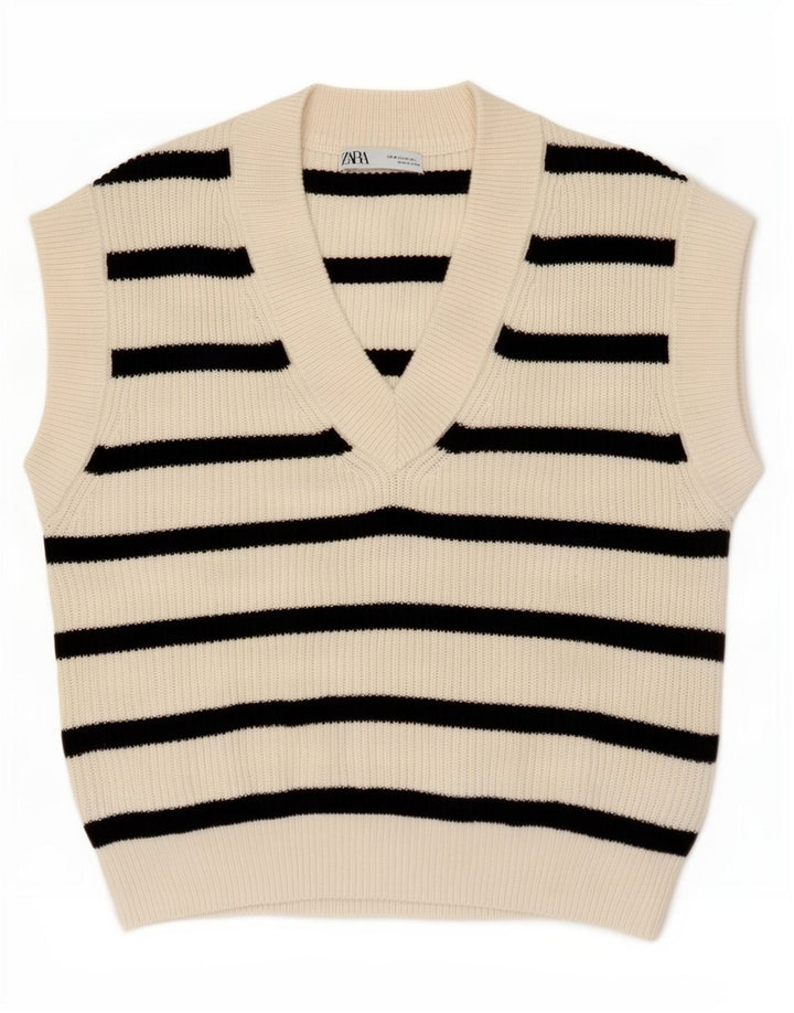 Zara Γυναικείο Γιλέκο Tank Top UK 14 Medium Off White Ριγέ Πολυεστέρας
