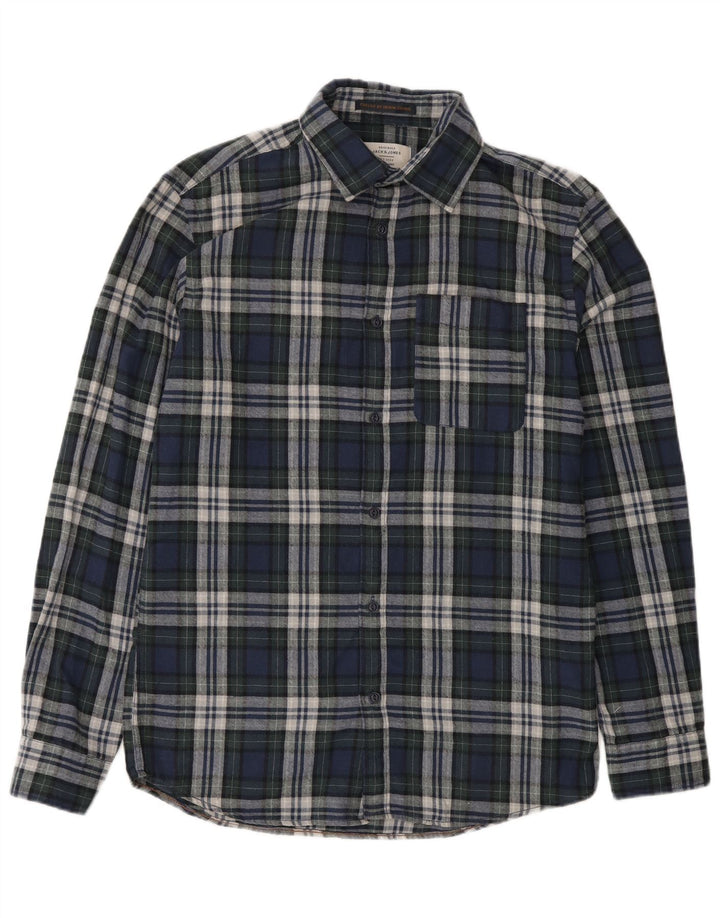 Ανδρικό φανελένιο πουκάμισο Jack & Jones με μεσαίο μπλε ναυτικό καρό βαμβακερό