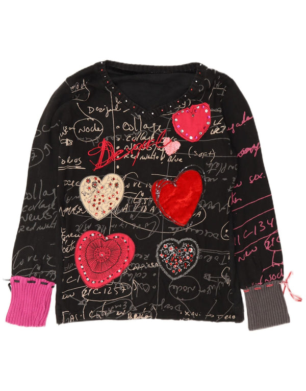 Desigual Γυναικείο Γραφικό Μακρυμάνικο UK 18 XL Μαύρη βαμβακερή καρδιά