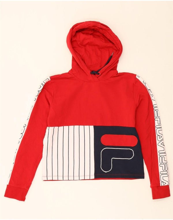 Fila Γυναικείο Crop Graphic Hoodie Jumper UK 12 μεσαίο κόκκινο βαμβακερό μπλοκ