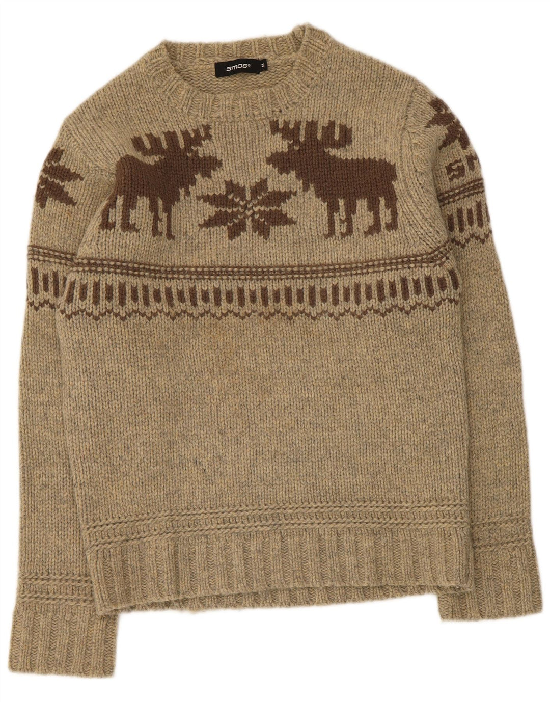 Smog Mens Graphic Crew Neck Jumper πουλόβερ Medium Beige Fair Isle Lambswool