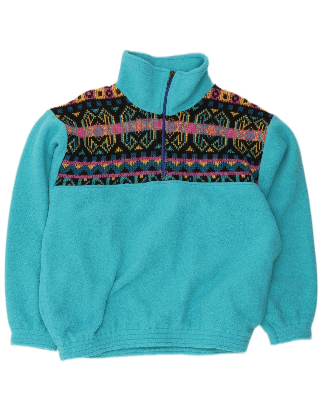 Vintage ανδρικό φερμουάρ Fleece Jumper Μεσαίο Μπλε γεωμετρικό
