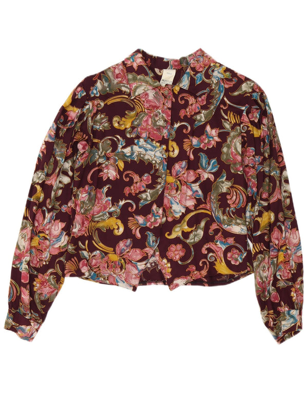 Vintage γυναικείο πουκάμισο μπλούζα UK 10 Small Burgundy Floral Viscose