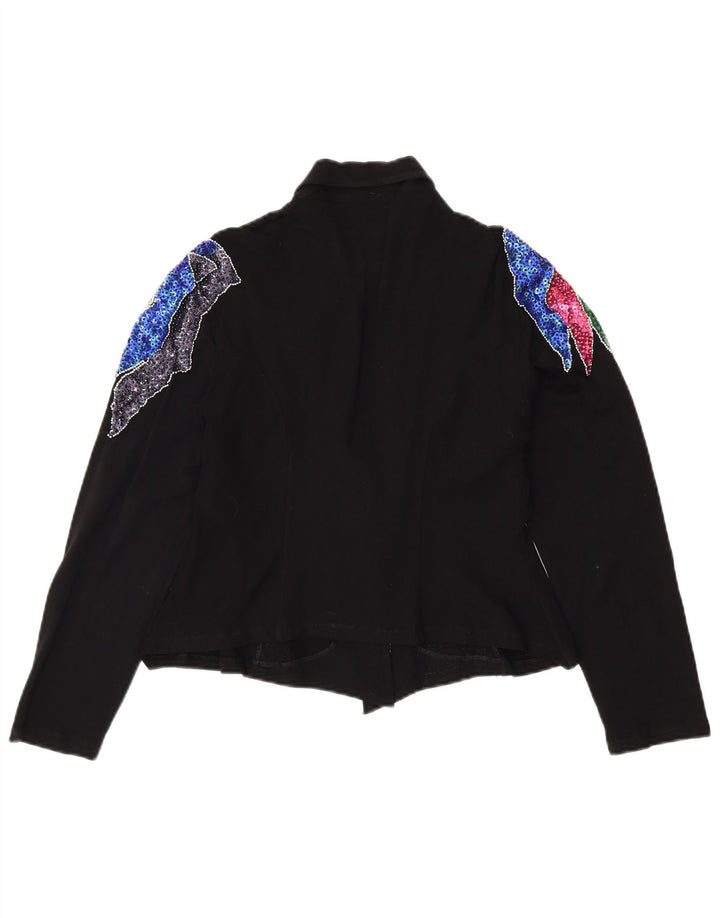 VINTAGE Γυναικείο πουκάμισο Crop Μπλούζα UK 12 Medium Black Floral Spandex