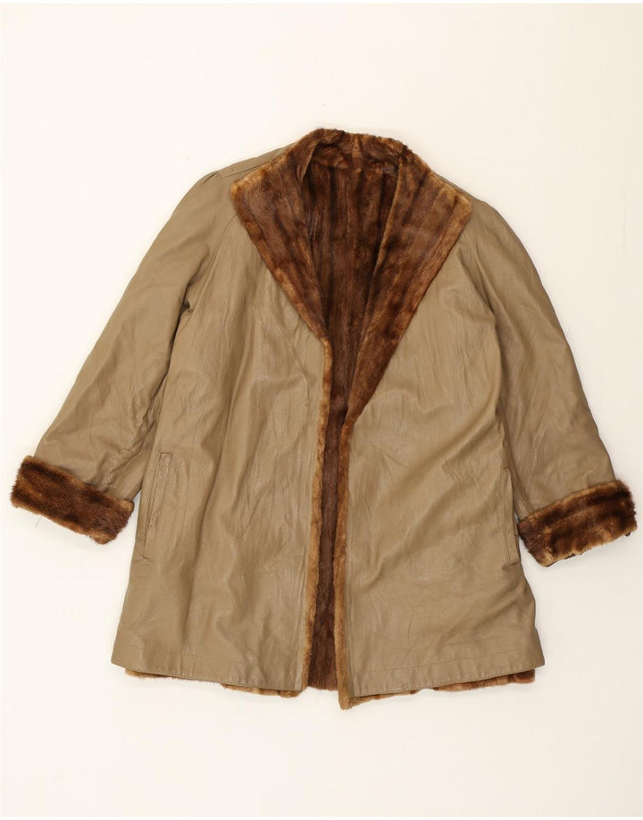 Vintage Γυναικείο Γούνινο Δερμάτινο Παλτό UK 16 Large Beige