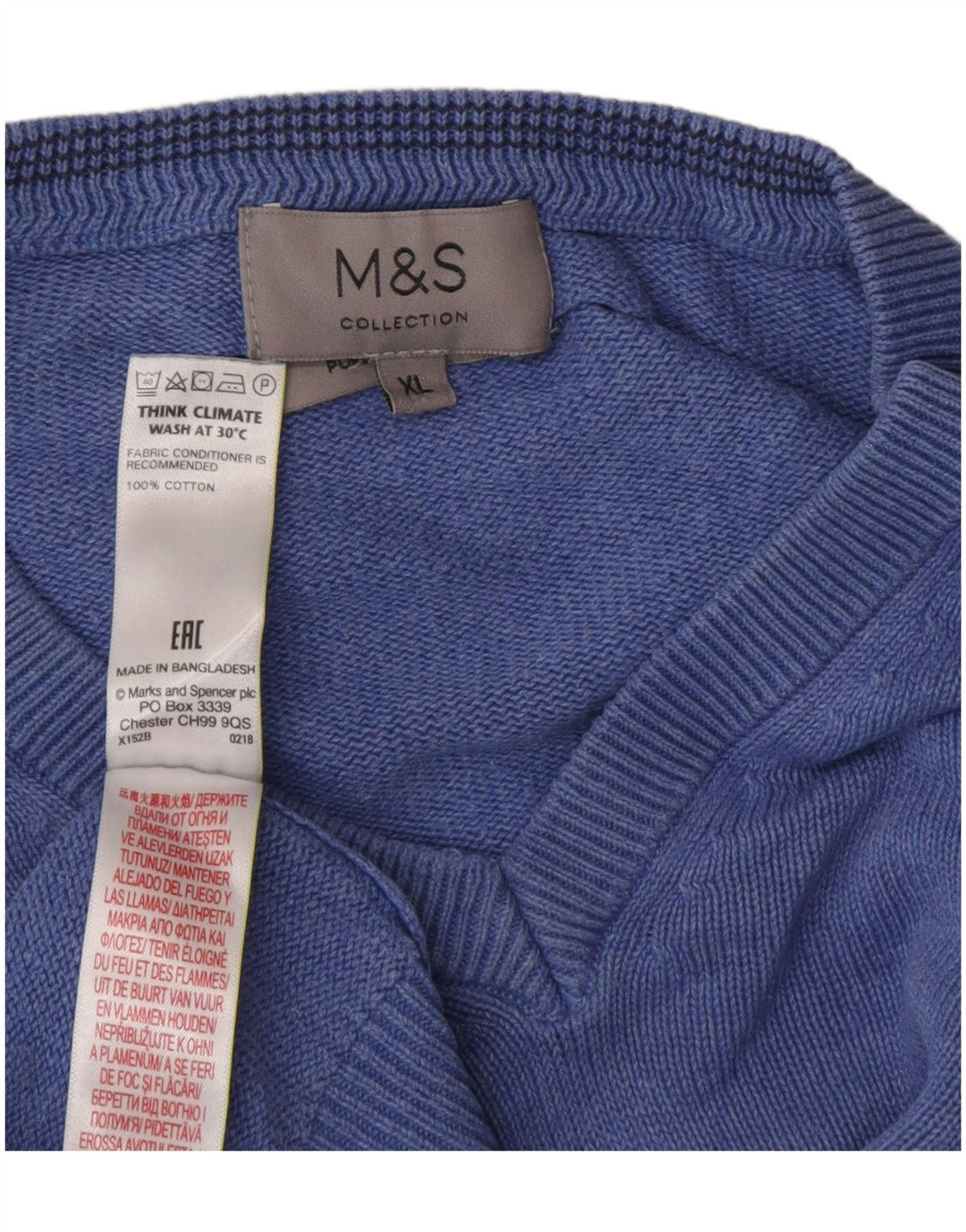 Ανδρικό πουλόβερ Marks & Spencer με V λαιμόκοψη XL Μπλε βαμβακερό