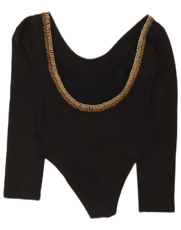 Vintage γυναικείο μακρυμάνικο κορμάκι UK 12 μεσαίο μαύρο βαμβακερό