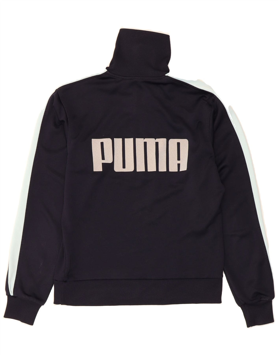 PUMA Mens Graphic Zip Neck Sweatshirt Jumper Medium Navy Blue Colourblock Vintage Puma and Second-Hand Puma from Messina Hembry 