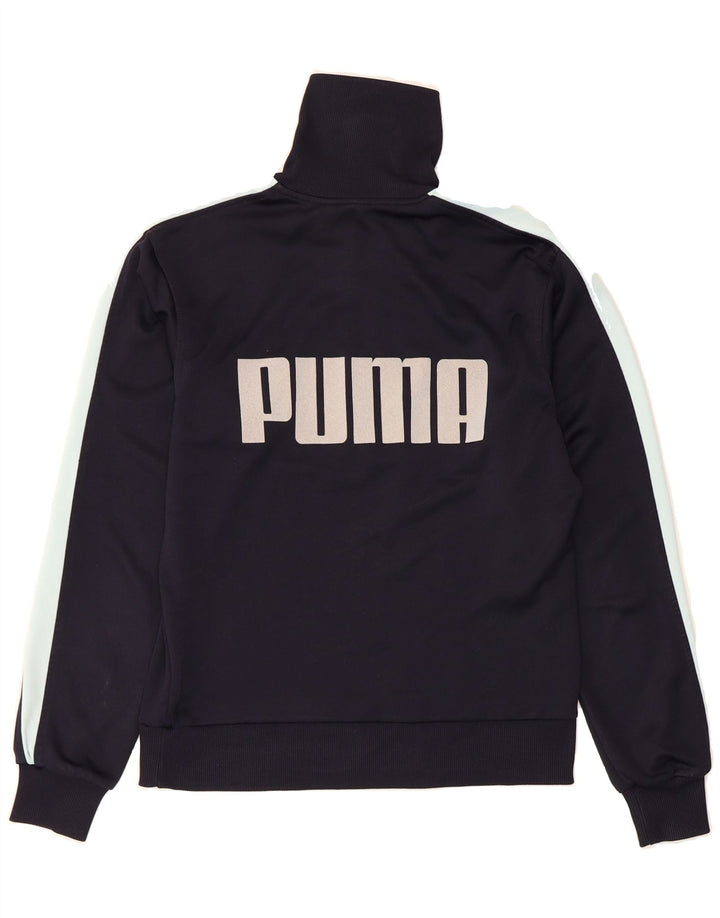 PUMA Mens Graphic Zip Neck Sweatshirt Jumper Medium Navy Blue Colourblock Vintage Puma and Second-Hand Puma from Messina Hembry 