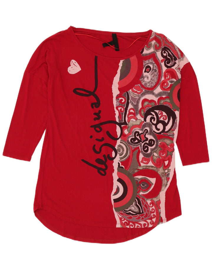 DESIGUAL Γυναικείο τοπ με γραφικά 3/4 μανίκια UK 14 μεσαία κόκκινη βισκόζη