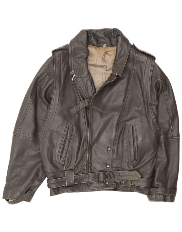 Vintage Ανδρικό Military Loose Fit Leather Jacket UK 36 Small Black Leather