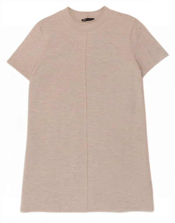 Zara γυναικείο κοντομάνικο φόρεμα UK 12 Medium Beige Polyester