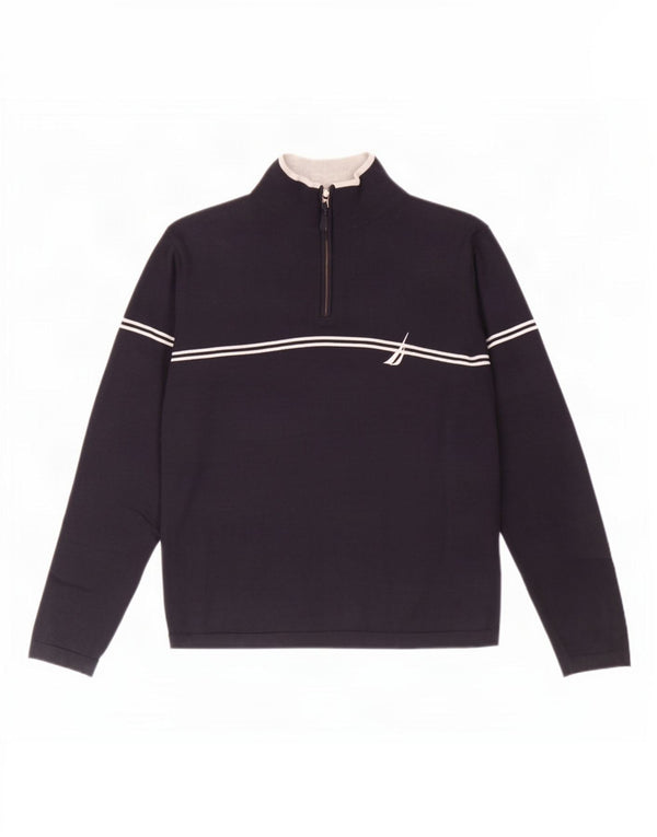 Nautica Mens Zip Neck Jumper Sweater Large Navy Blue Striped Cotton