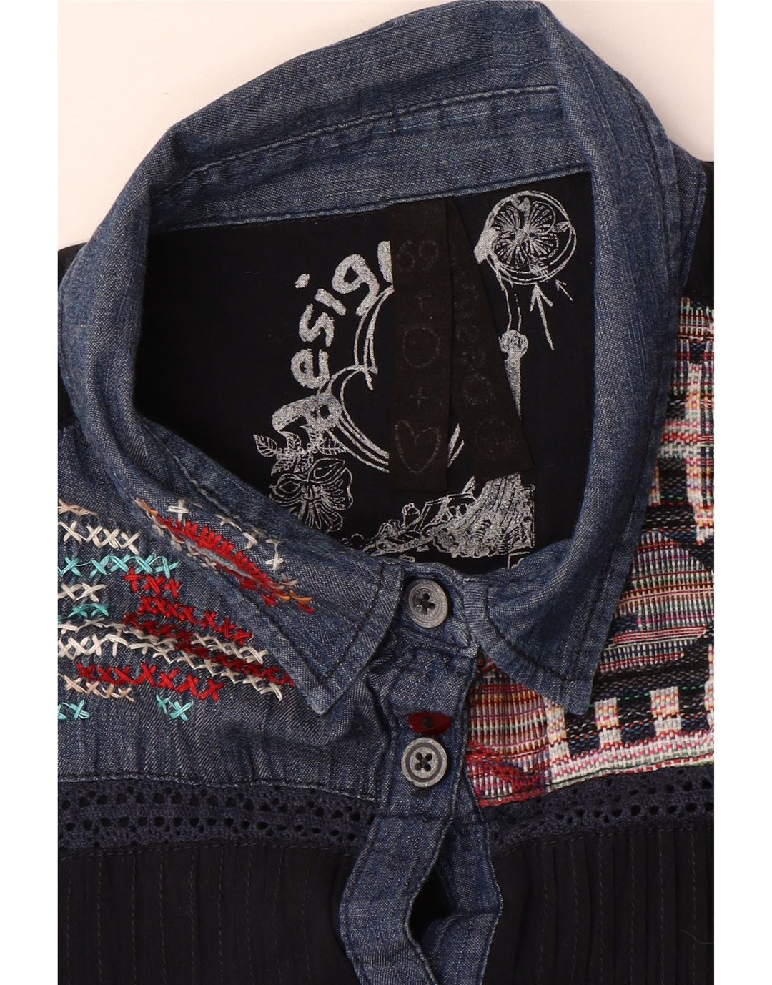 Desigual Γυναικείο γραφικό πουκάμισο μπλούζα UK 18 XL Navy Blue Patchwork