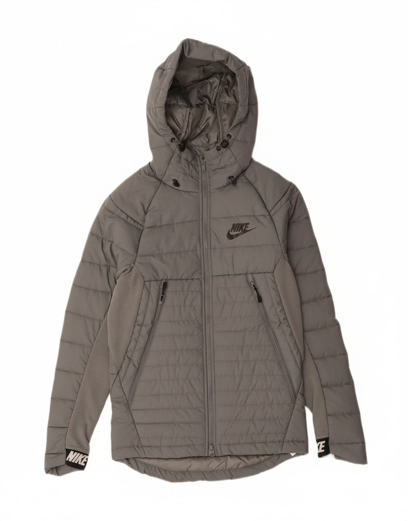 NIKE Womens Graphic Hooded Padded Jacket UK 6 XS Grey Cotton Vintage Nike and Second-Hand Nike from Messina Hembry 